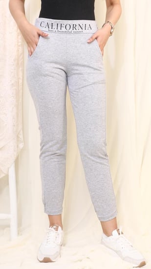 بنطلون كاجوال رمادي بخصر مطاطي مطبوع وتصميم مريح