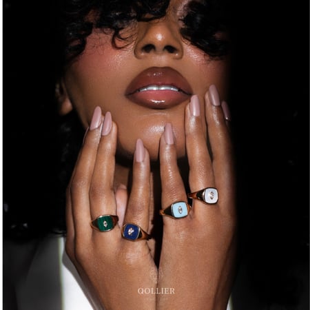 خاتم بحجر الصدف وألماس باجيت ومدور