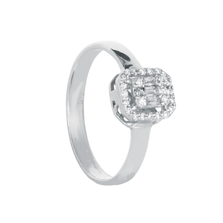 خاتم ذهب أبيض عيار 18 وألماس باجيت ومدور VS-SI