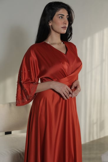 فستان بحزام لف - اورنج