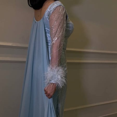 فستان مطرز من التل بأكمام ريش