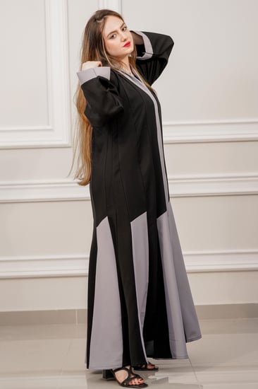 عباية كلوش مع تدخيلات قماش أسود مع رمادي