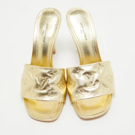 Gold Monogram Embossed Leather Revival Slide Sandals