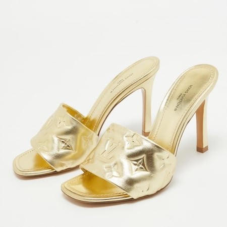 Gold Monogram Embossed Leather Revival Slide Sandals