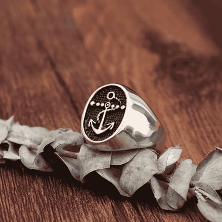 خاتم رجالي فضي لامع بتصميم مرساة