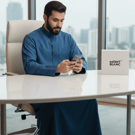 رجال يلبس ثوب شتوي بلون أزرق داكن من قماش مونت بلانك أناقة شتوية.