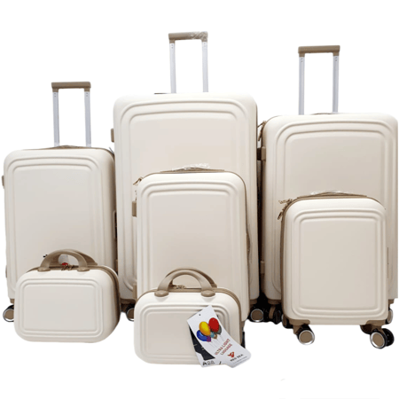 طقم حقائب سفر فايبر 7 قطع بخطوط مستطيلة لون بيج بإطار بني