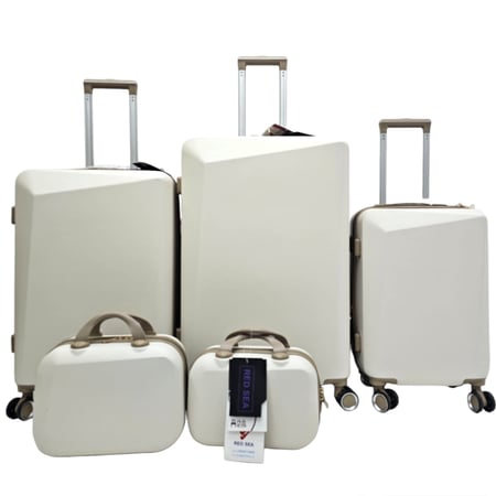 حقائب سفر طقم مكون من فايبر 5 قطع بزاوية محدبة لون بيج بإطار بني