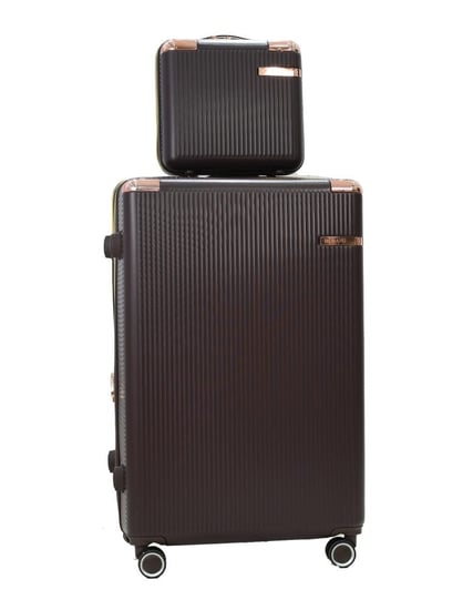 طقم حقائب سفر مخطط بجوانب 4 قطع سحب كبيرة + قطعة يد محمولة لون كوفي غامق