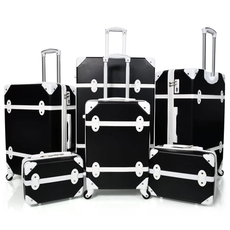 طقم شنط سفر كلاسيكي فينتيج مكون من 7 قطع لون أسود