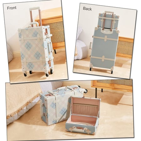 مجموعة شنط سفر كلاسيكية للنساء بحزام ، مجموعة من 3 شنط 26 + 20 +12 انش, أزرق منقوش بحزام, فينتيج