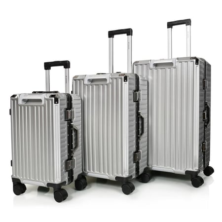 طقم شنط سفر ثلاثة قطع ABS مع إطار و زوايا ألومنيوم لون رمادي فاتح