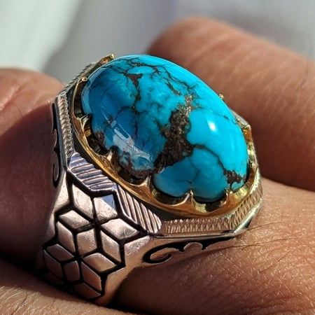 خاتم فيروز نيشابوري طبيعي وأصلي قبه مقلع صلم صياغة حجت