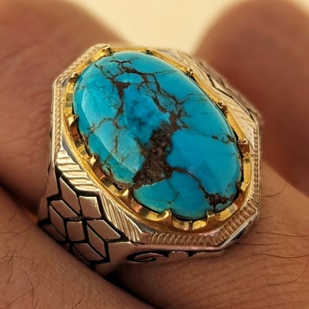 خاتم فيروز نيشابوري طبيعي وأصلي قبه مقلع صلم صياغة حجت