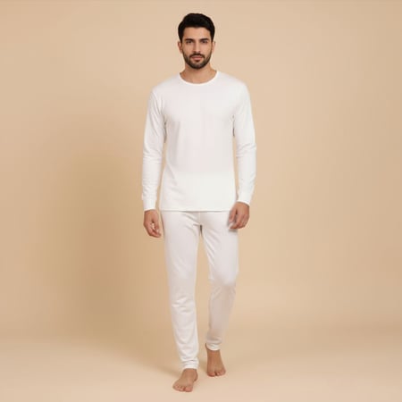 بيجامة قطن 100% حرارية رجالية بلون أبيض ورقبة عادية