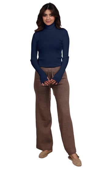 فانيلا نسائي شتوي مقلم - رقبة مرتفعة - لون كحلي