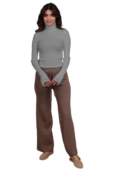 فانيلا نسائي شتوي مقلم - رقبة مرتفعة - لون رصاصي