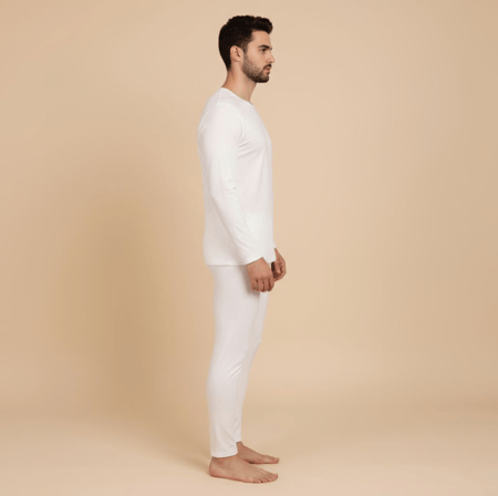 بيجامة قطن 100% حرارية رجالية بلون أبيض ورقبة عادية