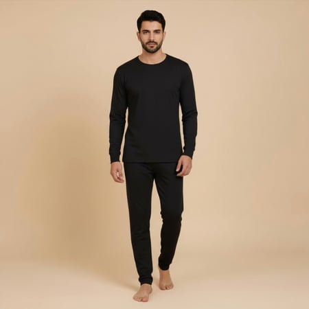 بيجامة قطن 100% حرارية رجالية بلون أسود ورقبة عادية