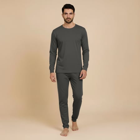 بيجامة قطن 100% حرارية رجالية بلون رصاصي ورقبة عادية