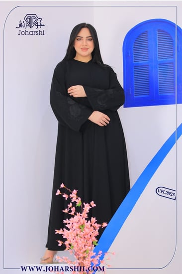 عبايه كتان اسود تطريز ناعم لف