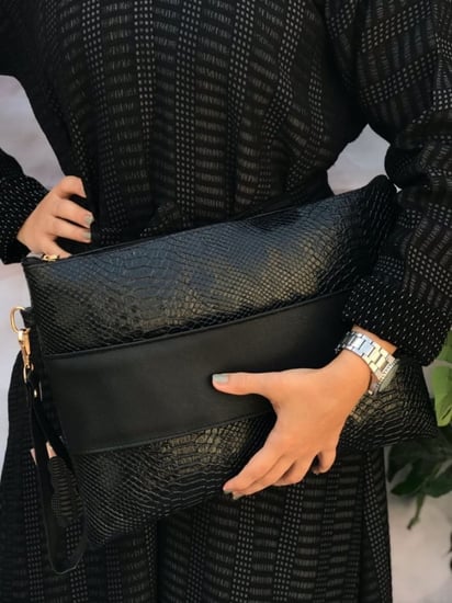 شنط باوتش نسائي جلد مشجر أنيق للابتوب - أسود لمعة خفيفة