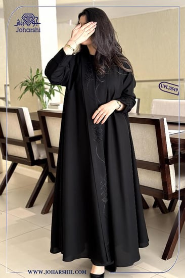 عباية دبل كلوش كتان تطريز اهاري لون اسود