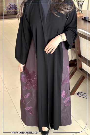 عباية نص كلوش قماش موف مع تطريز ورود