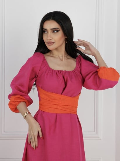 فستان بحزام ربط لون فوشي