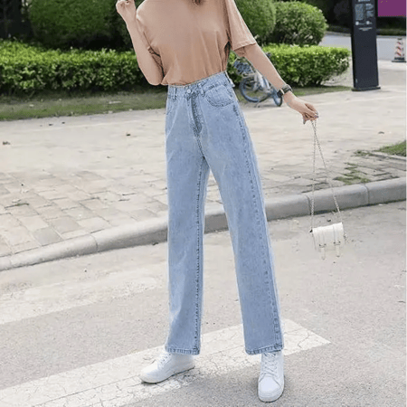 جينز نسائي تنحيف عالي الخصر ، طراز كوري ، فضفاض ، بنطال مستقيم الساق ، أزرق فاتح ، الربيع ، الخريف