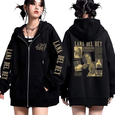 سترة بغطاء رأس بسحاب من Lana Del Rey عتيق ، ألبوم موسيقى العنف اللامع ، ملابس الشارع الكبيرة الحجم ، كلاسيكية فضفاضة وبسيطة