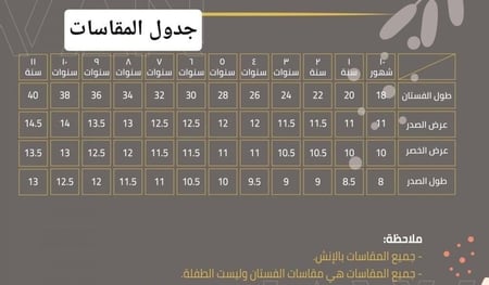 جدول مقاسات فساتين