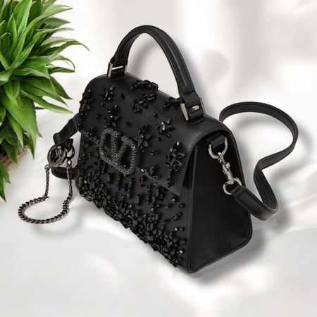 Valentino Garavani VLogo crystal embellished black leather bag