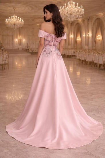 فستان سهرة وردي فاخر بتطريز زهري وتصميم أوف شولدر