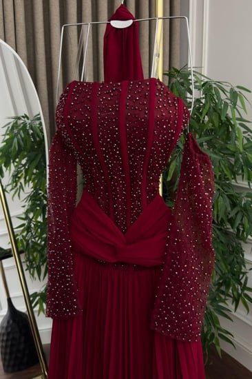 فستان سهرة عودي اكمام منفصلة