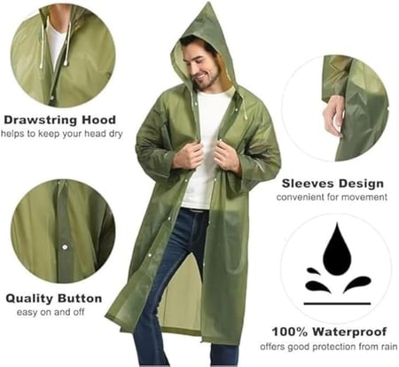 EVA Raincoat Waterproof Reusable Portable Breathable Rain Poncho with Drawstring Hood and Comfortable Sleeves Design For Men & Women Standard Size One Fits All (Color May Vary)