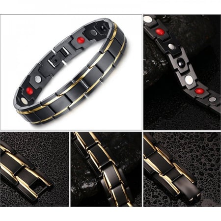 سوار الطاقة الطبي بحجر الجرمانيوم وحجر المغناطيس لتخليص الجسم من الشحنات السالبة واستعادة النشاط مطلي تيتانيوم لون أسود و ذهبي