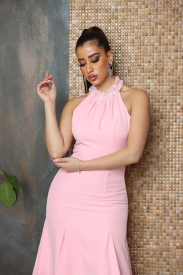 فستان مزين بلؤلؤ Pink ~