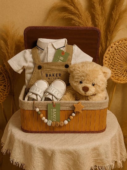 طقم هدية فخم للمولود من تيد بيكر – طقم بيج أنيق مع دبدوب