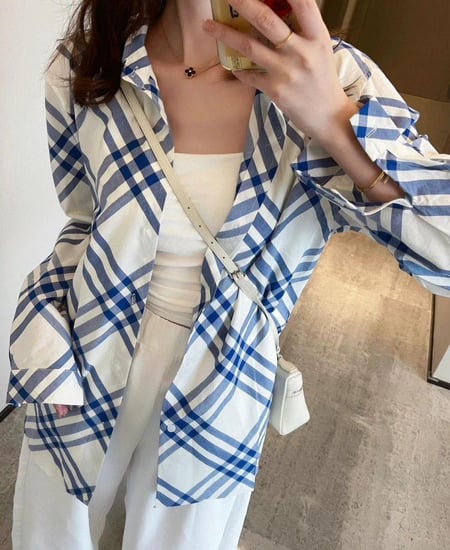 قميص كاروهات بربري بأزرار أمامية لون أبيض وأزرق