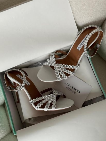 صندل كعب اكوازورا تيكيلا مرصع كريستال بلون ابيض