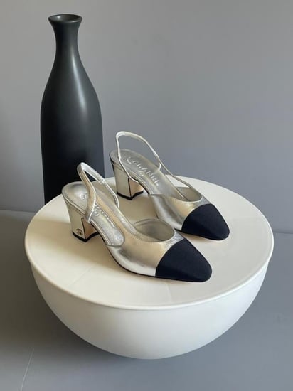 حذاء بكعب عالي بحزام خلفي مغلق جوتشي قماش وجلد بلاك سيلفر