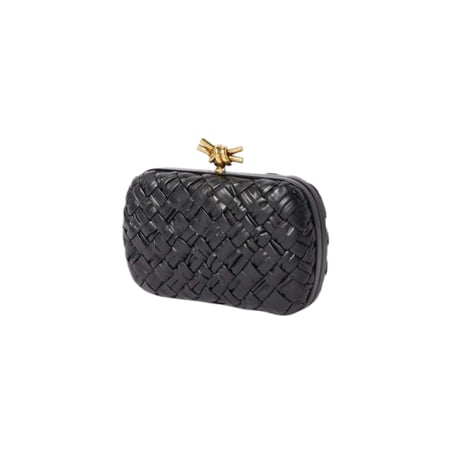 كلاتش بوتيقا جلد أسود لامع ساتان قفل عقدة ذهبية