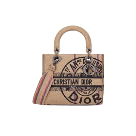 شنطة ديور قماش جوت بيج مطرزة أسود مقابض قماشية