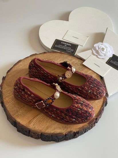 حذاء قماش فلات نسائي شانيل ماري جين بحزام لون زهري