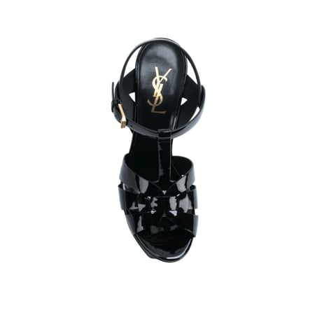 صندل سان لوران تريبيوت 75 بكعب عال من الجلد اللامع باللون الأسود