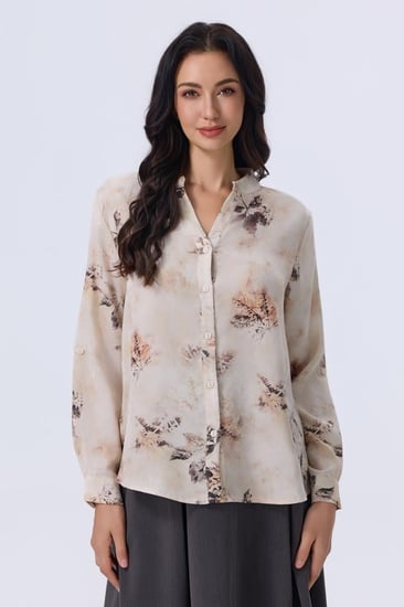 بلوزة بتدرجات البني مزهر بأكمام طويلة  وقصة أنيقة | Prando