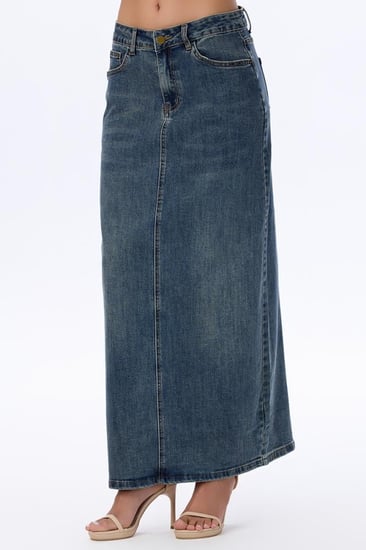 تنورة جينز طويلة بلون أزرق داكن