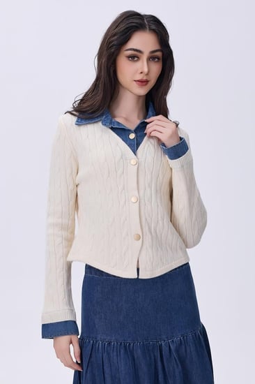 بلوزة بيج صوفية بأكمام وياقه جينز