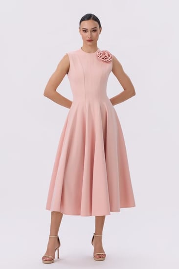 فستان زهري ميدي بوردة على الكتف